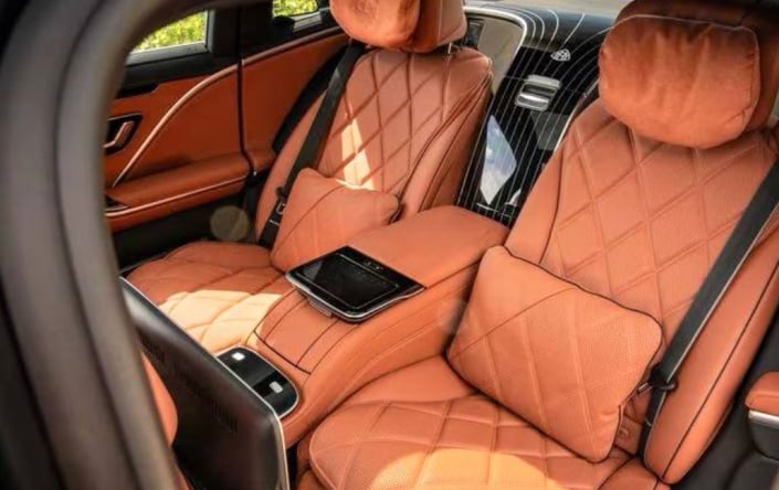 Black Mercedes-Maybach S680 — brown quilted leather rear seats