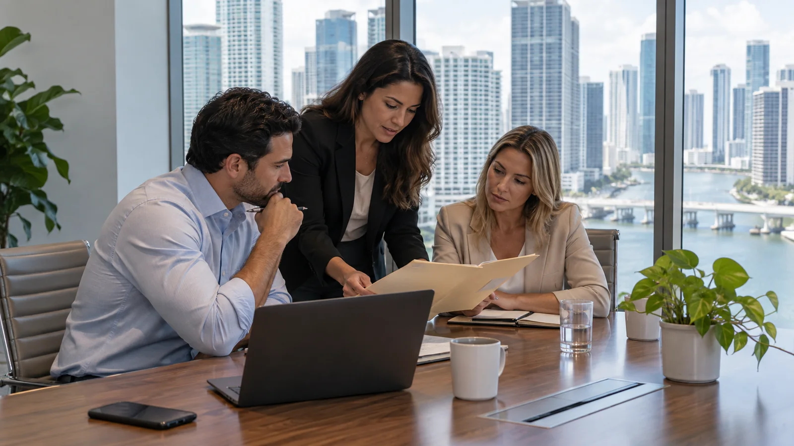 Business discussion overlooking Brickell, illustrating business funding in Florida