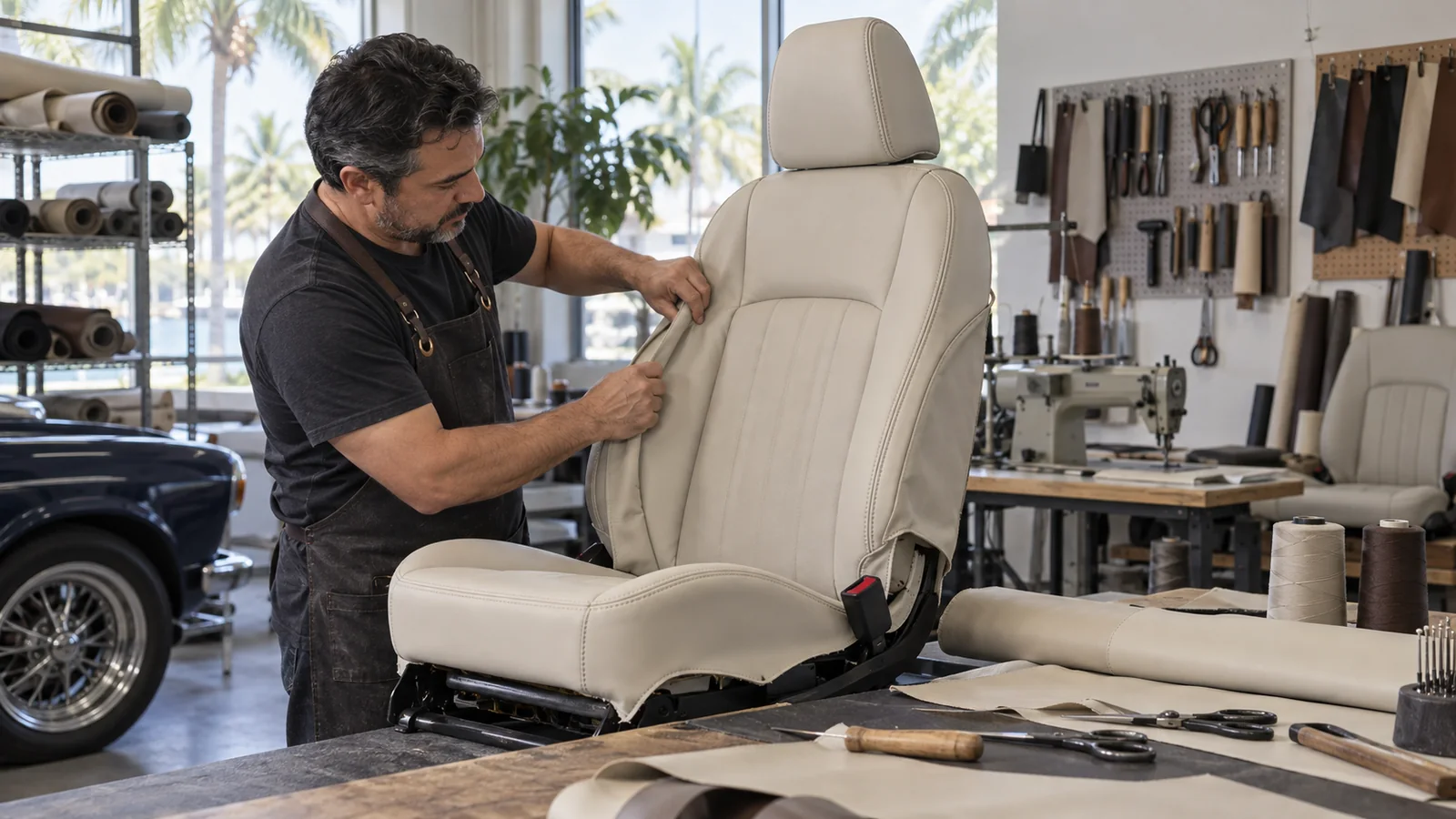 Upholsterer fitting light leather to a car seat, illustrating car upholstery in Miami
