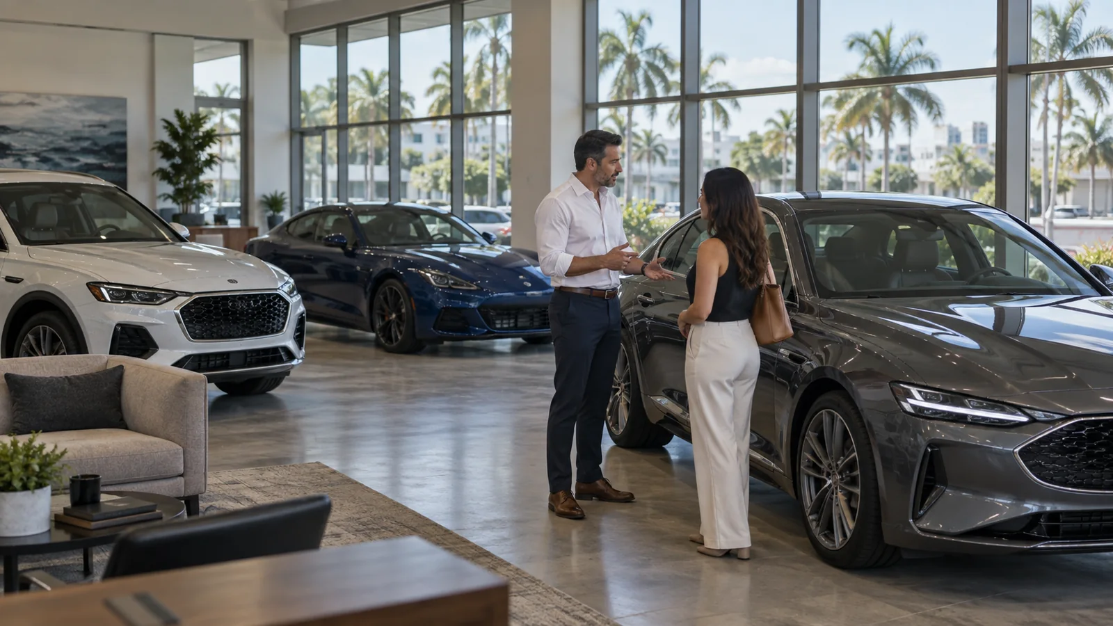 Customer viewing premium vehicles in a showroom, illustrating exotic cars for sale near Miami