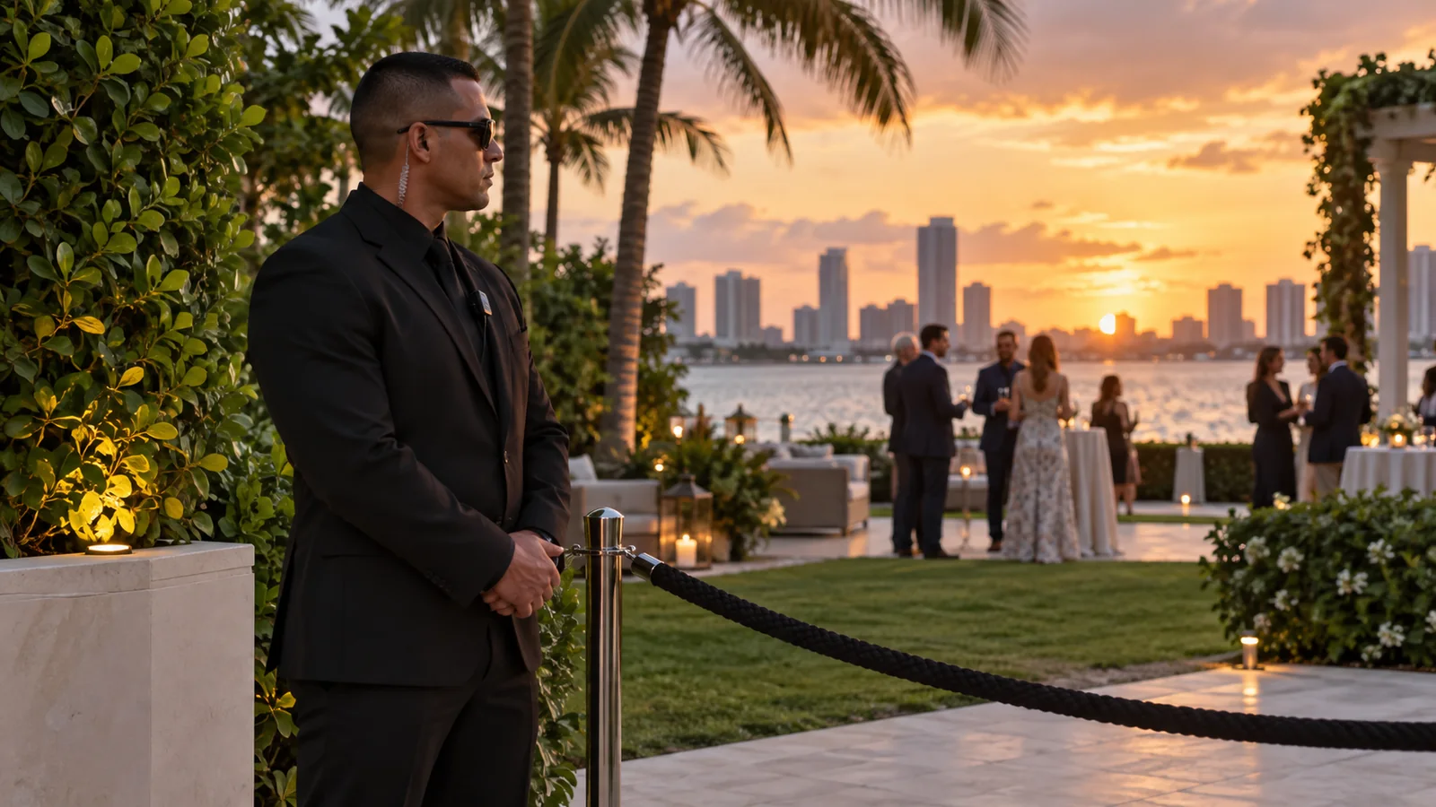 Security professional beside a private event entrance at sunset