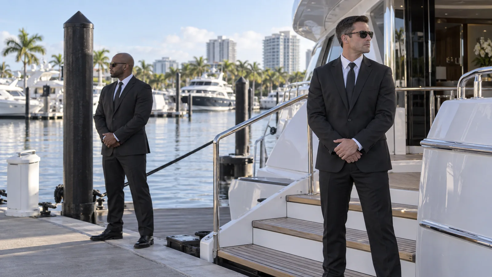 Two security professionals near a yacht boarding point in a South Florida marina