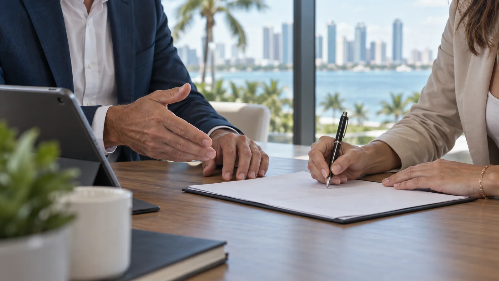 Hands reviewing business documents beside a tablet
