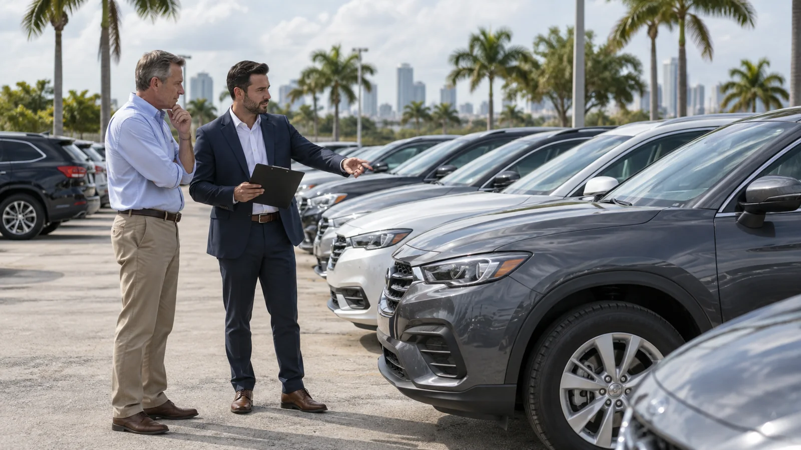 Fleet owner and adviser discussing a row of vehicles in Miami