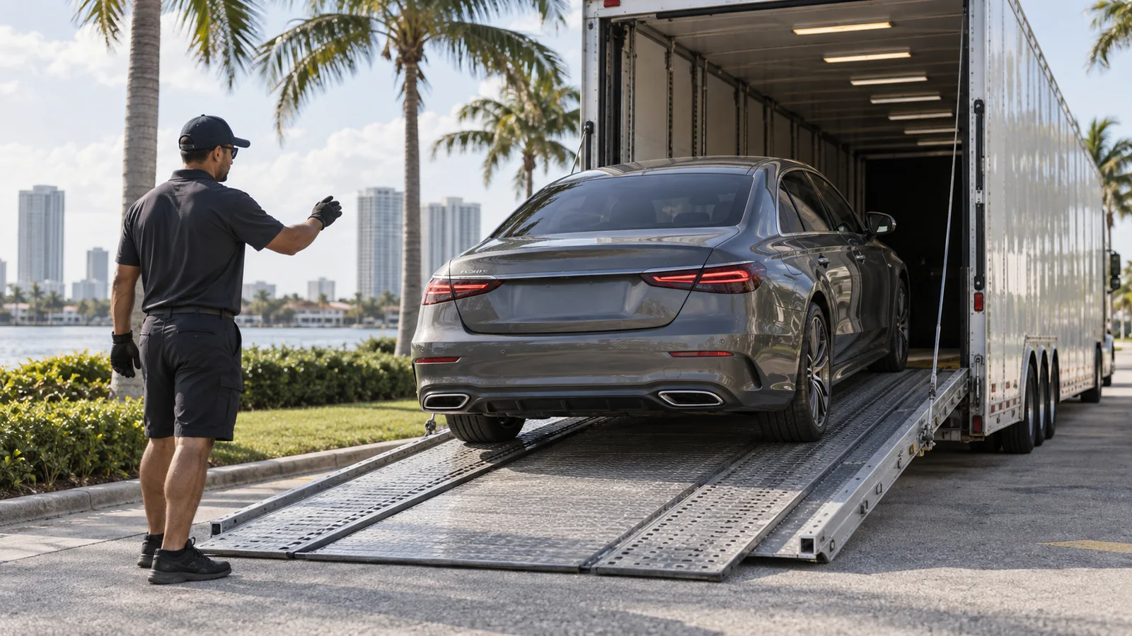 Premium vehicle being loaded into an enclosed car transporter