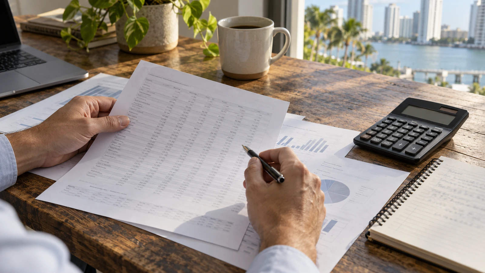 Hands reviewing tables beside a calculator on a desk