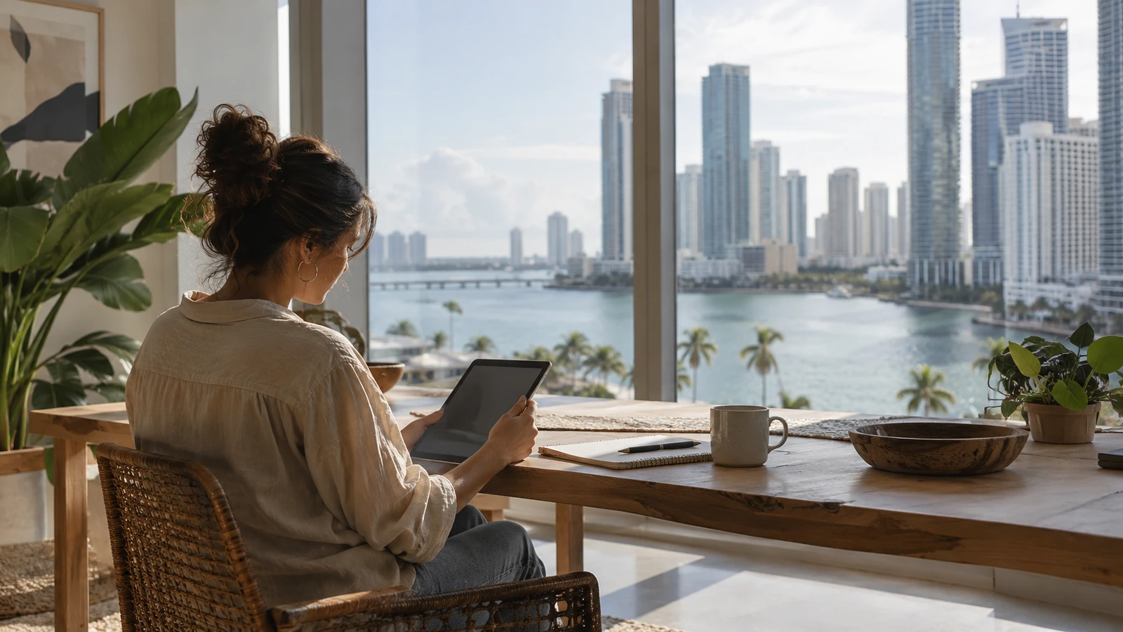 Business financing guides: reading on a tablet by a Brickell window