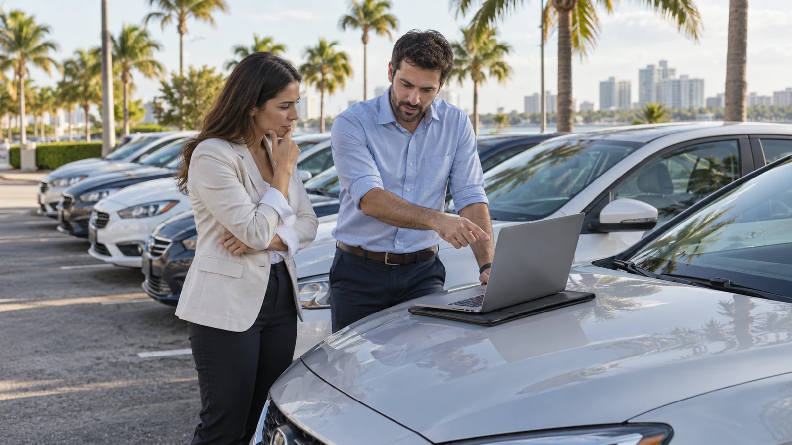 Two people reviewing a laptop beside a row of cars