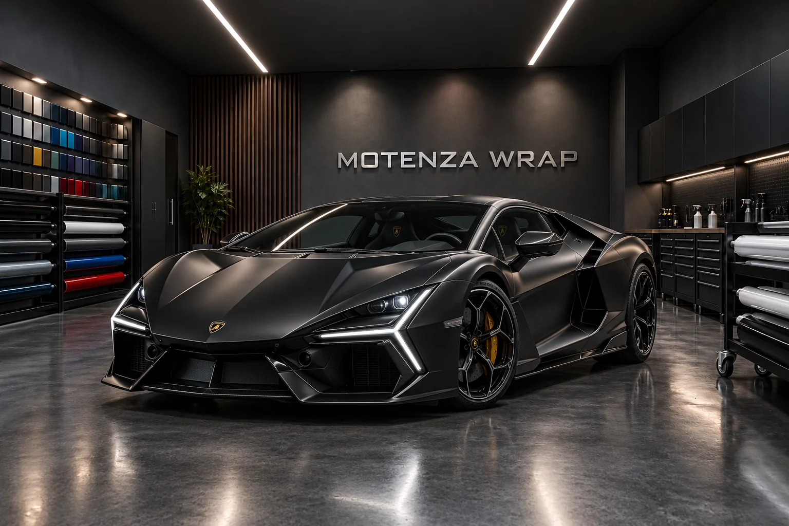Satin-black Lamborghini beneath workshop lights in Motenza Wrap’s finish collection
