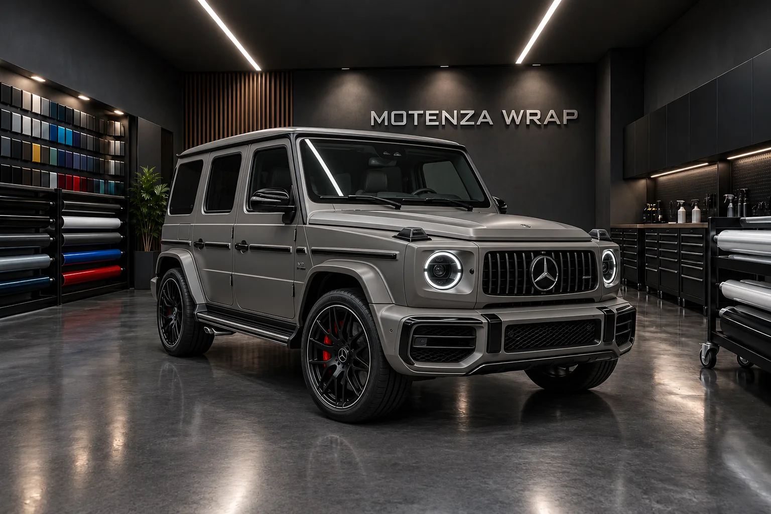 Matte-grey Mercedes-Benz G-Class with dark exterior trim