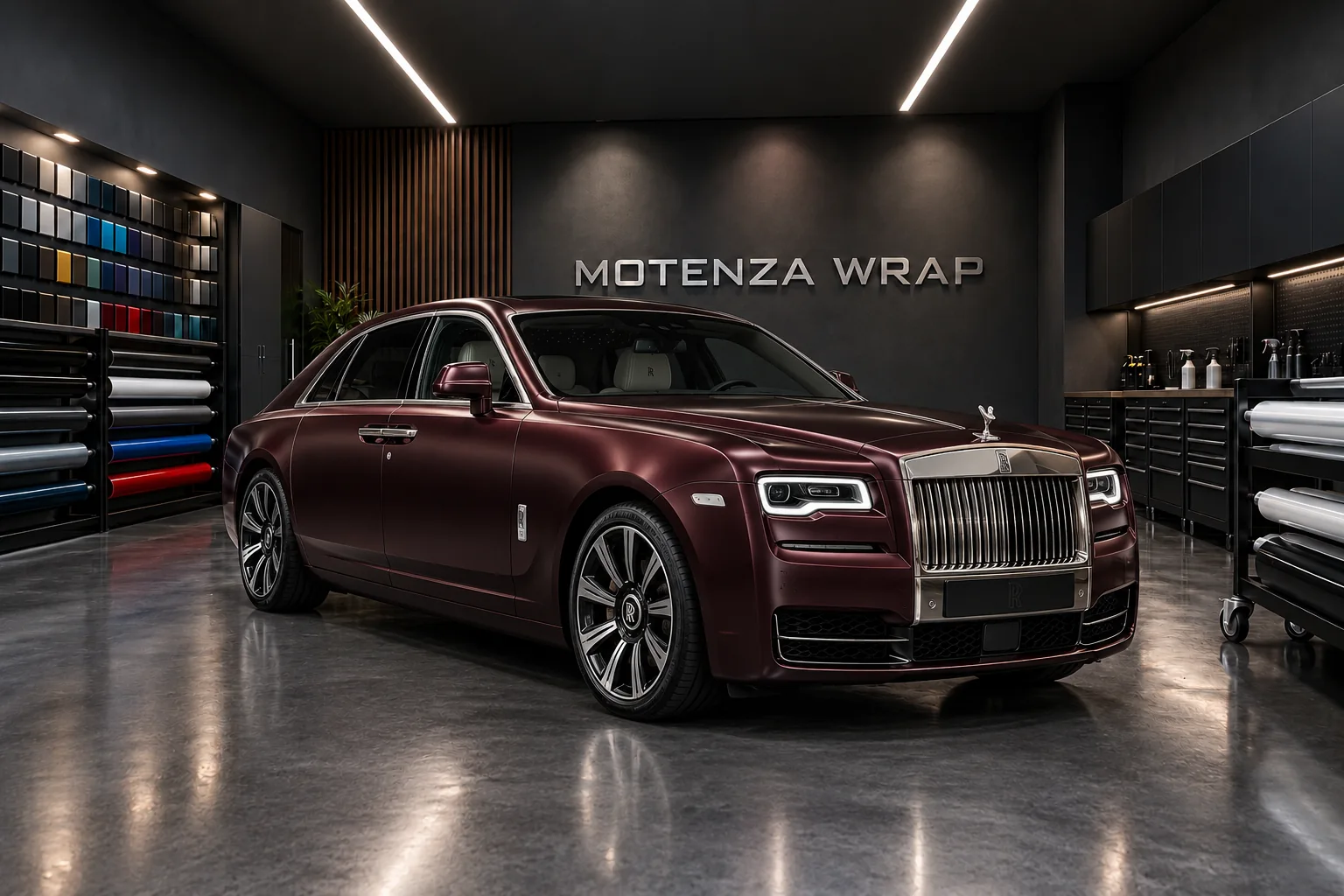 Burgundy satin Rolls-Royce shown in Motenza Wrap’s finish collection