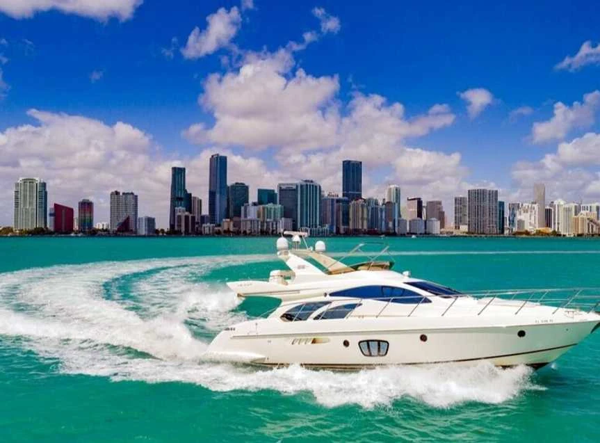 Azimut 55 yacht with city buildings in the background