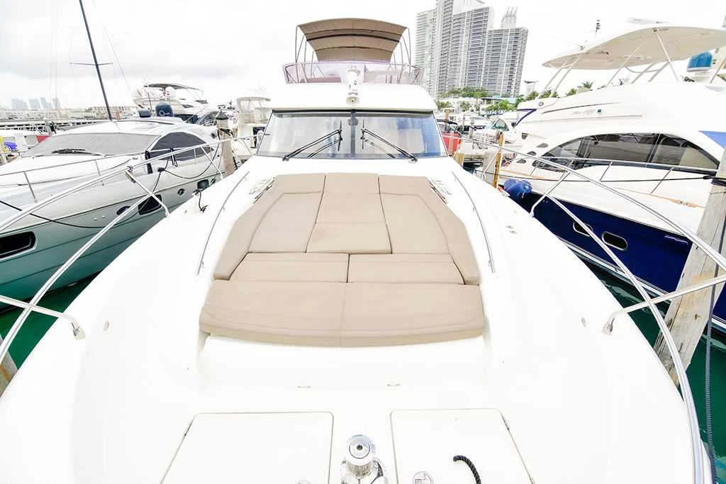 Forward deck of the Aristocrat yacht in a marina