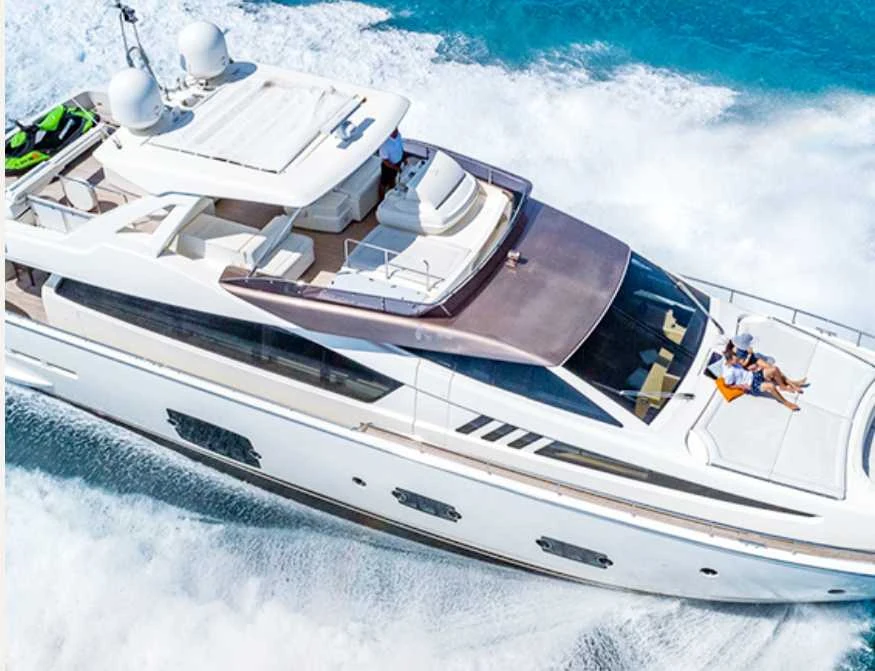 Ferretti 80 yacht underway, viewed from above