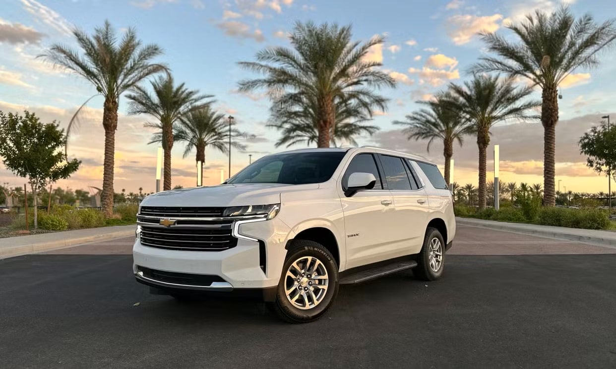 Front three-quarter view of the white Chevrolet Tahoe LT