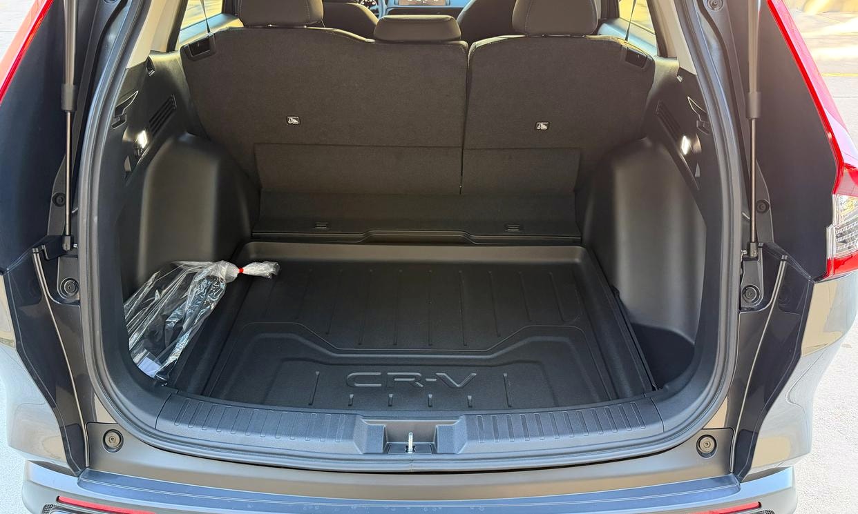 Open cargo area of the gray Honda CR-V LX