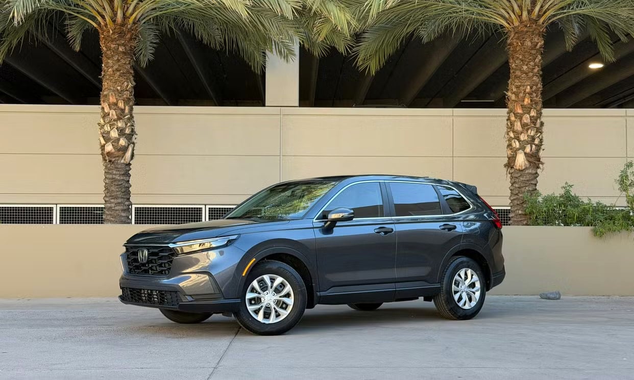 Front three-quarter view of the gray Honda CR-V LX