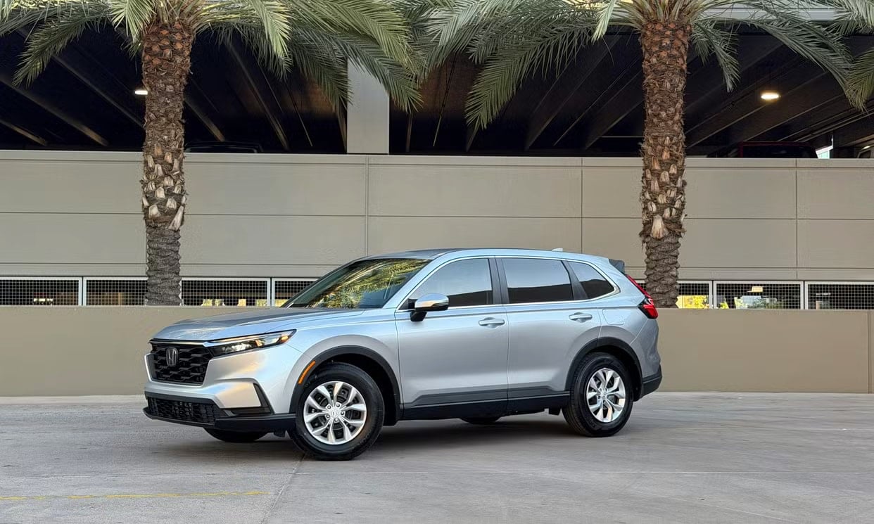 Front three-quarter view of the silver Honda CR-V LX