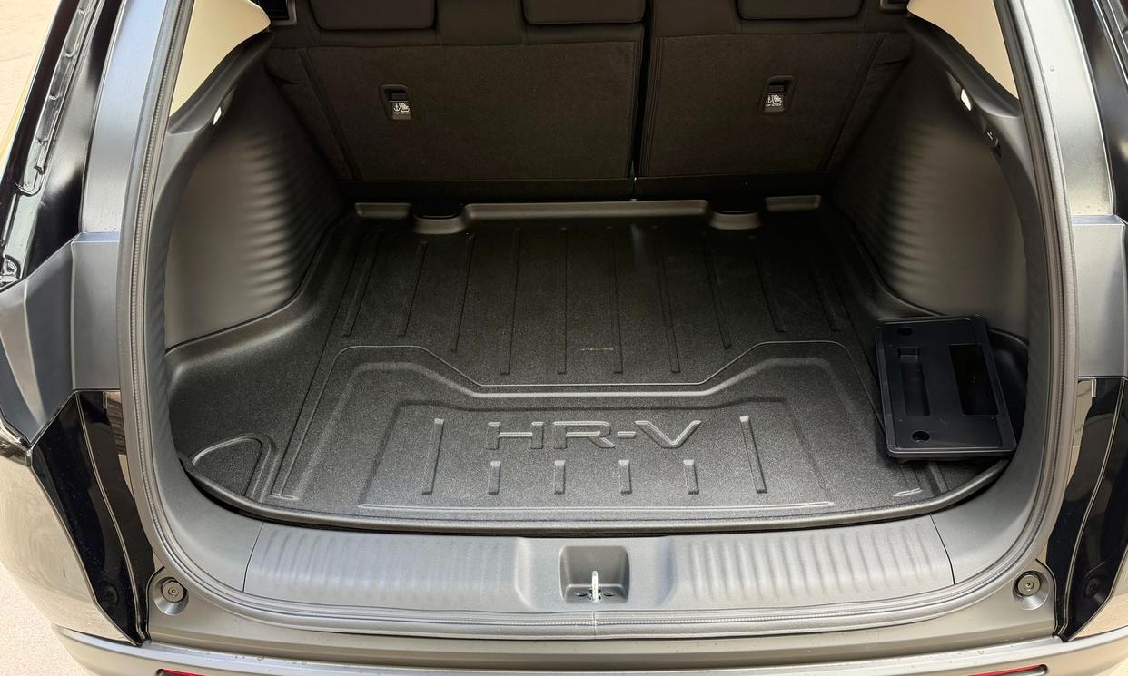 Open cargo area of the black Honda HR-V LX