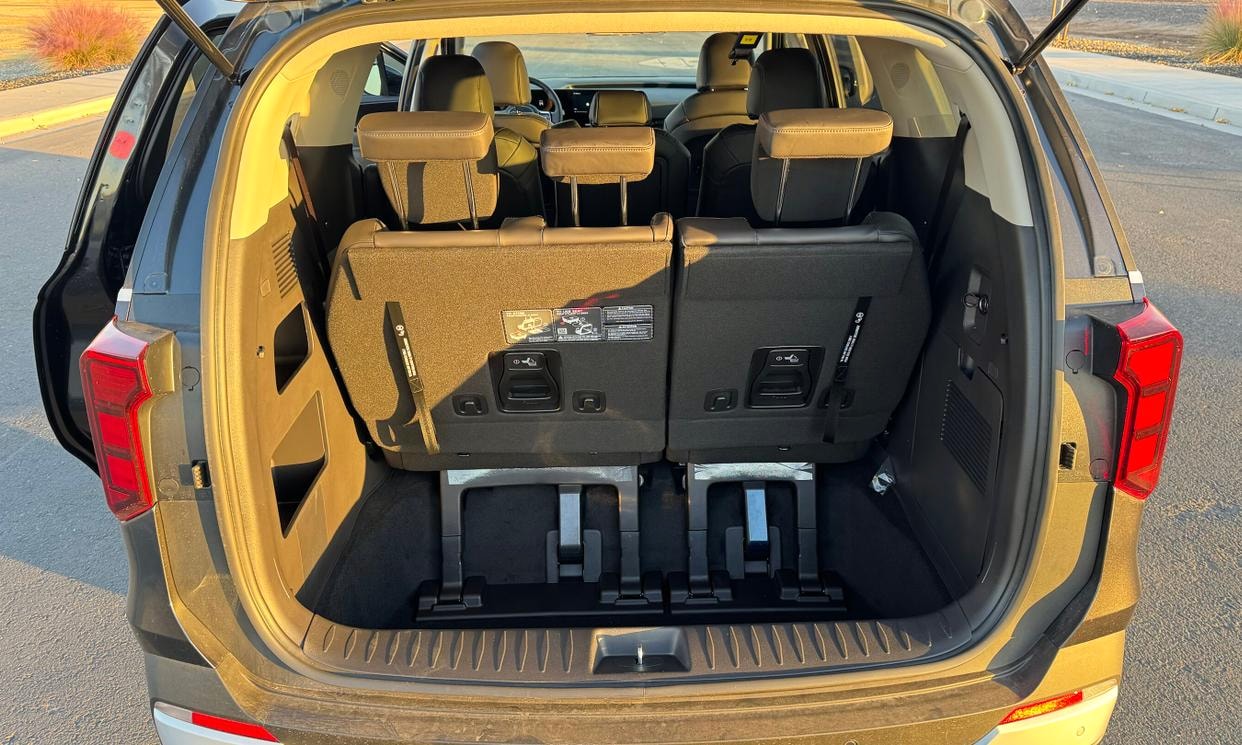Open cargo area of the gray Kia Carnival Hybrid LXS