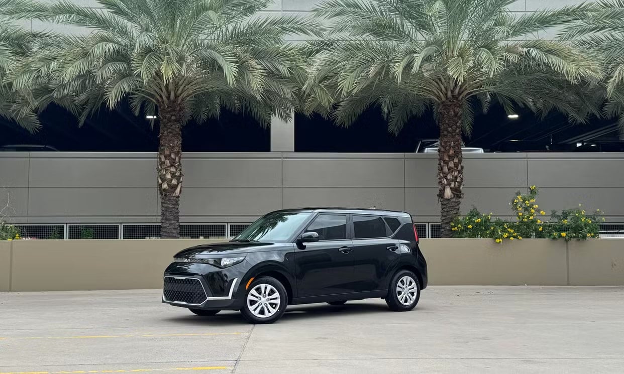 Front three-quarter view of the black Kia Soul LX