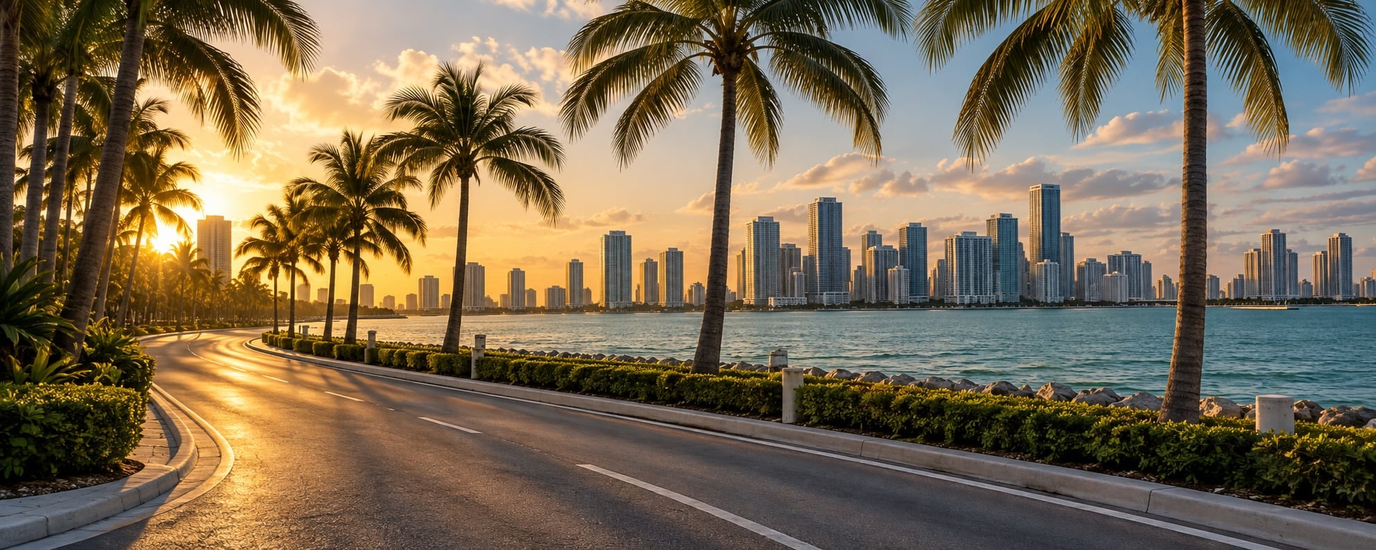 Miami-inspired waterfront boulevard with palm trees and a sunlit skyline