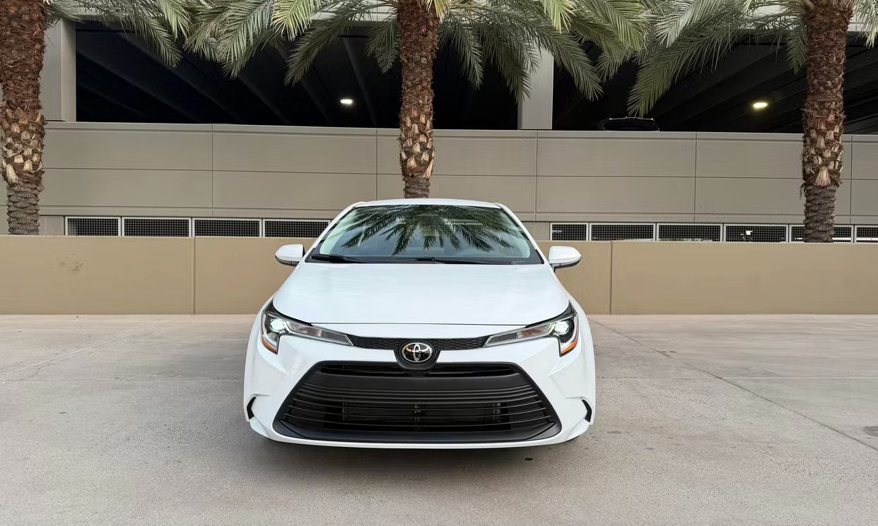 Front view of the white Toyota Corolla LE