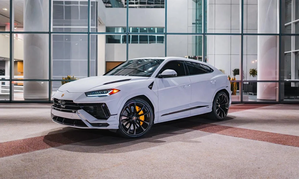 White Lamborghini Urus Rental in Miami, front three-quarter view