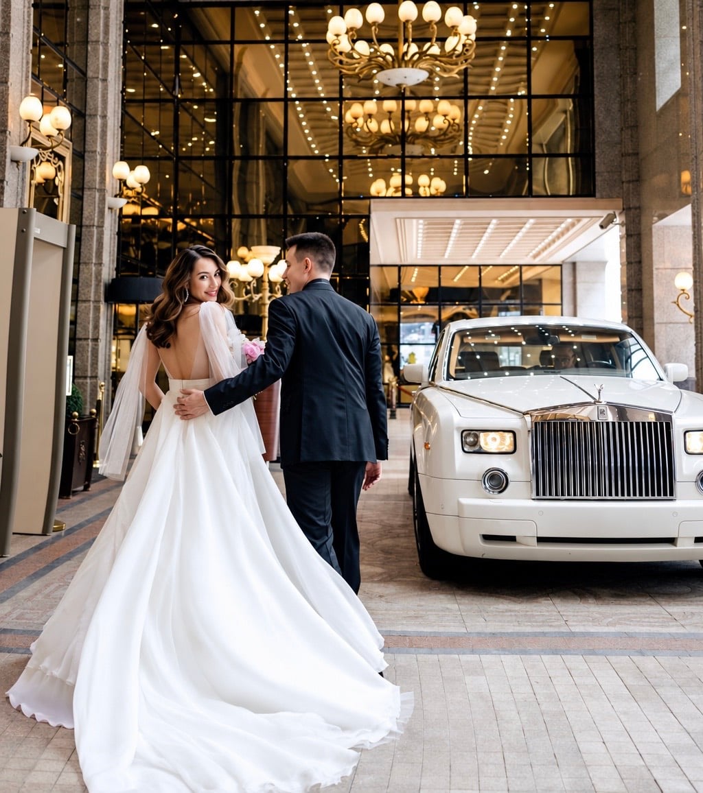 Bride and groom beside a white Rolls-Royce at an elegant hotel entrance