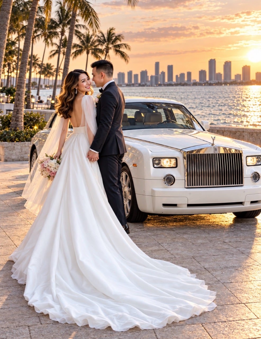 Bride and groom beside a white Rolls-Royce at sunset on the Miami waterfront